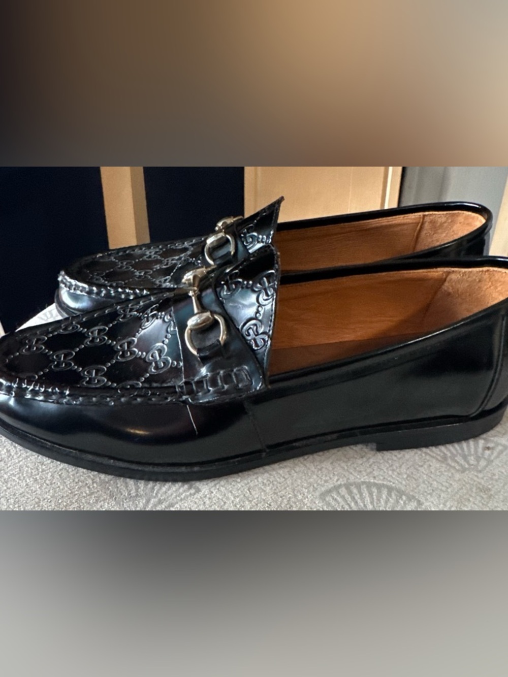 Authentic Gucci Black Embossed GG Leather Horsebit Loafers - Picture 6 of 11